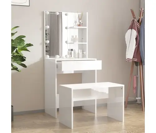 Spoguļgaldiņa Komplekts, Led, Spīdīgi Balts Inženierijas Koks Vidaxl