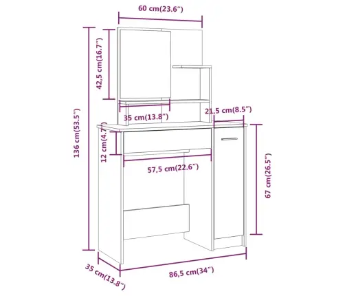 Spoguļgaldiņa Komplekts, Ozolkoka Krāsa, 86,5X35X136 Cm Vidaxl