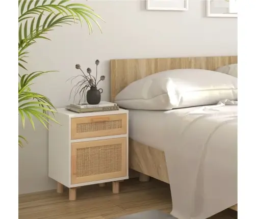 Naktinė Spintelė, Balta, Pušies Medienos Masyvas Ir Ratanas