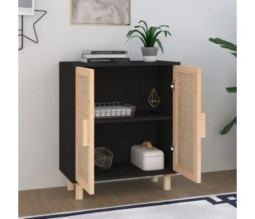 Šoninė Spintelė, Juoda, 60X30X70cm Pušies Masyvas Ir Ratanas