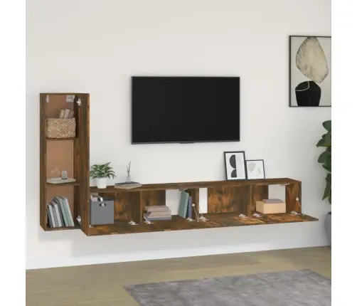 Tv Spintelių Komplektas, 3 Dalių, Dūminio Ąžuolo, Mediena