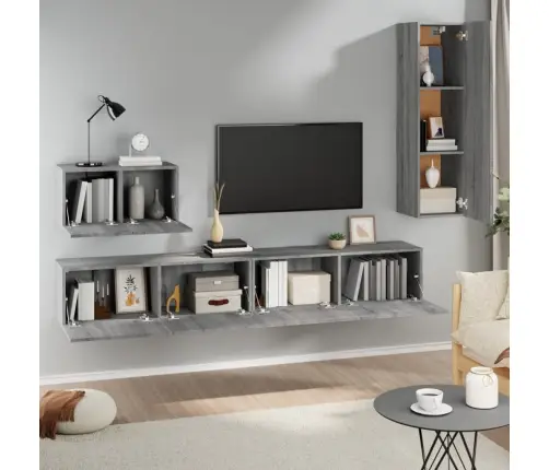 Tv Spintelių Komplektas, 4 Dalių, Pilkas Ąžuolo, Mediena Tv Spintelių Komplektas, 4 Dalių, Pilkas Ąžuolo, Mediena