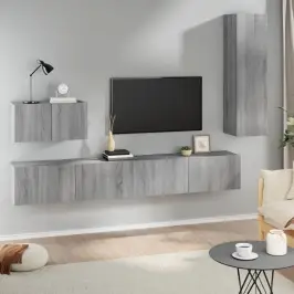 Tv Spintelių Komplektas, 4 Dalių, Pilkas Ąžuolo, Mediena