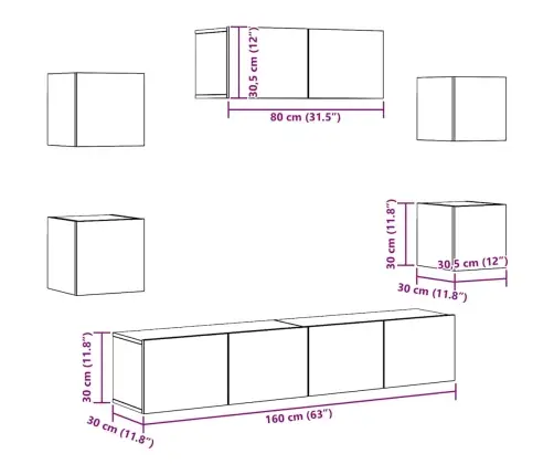 Tv Spintelių Komplektas, 7 Dalių, Betono Pilkas, Mediena