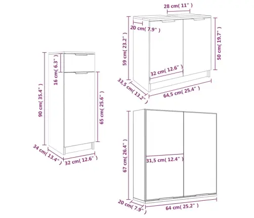 Vonios Spintelių Komplektas, 3 Dalių, Pilkas Ąžuolo, Mediena