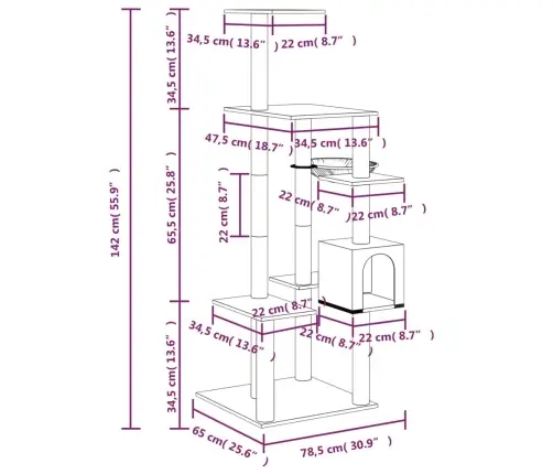 Kassimaja Sisalköitega Kraapimispuudega, Helehall, 142 Cm