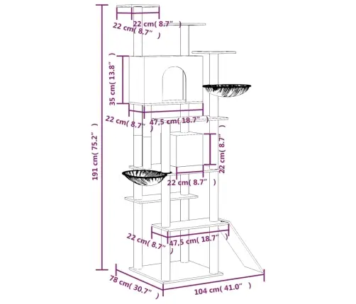Kassimaja Sisalköitega Kraapimispuudega, Helehall, 191 Cm