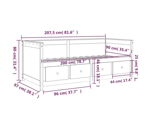 Dīvāngulta, Melna, 90X200 Cm, Priedes Masīvkoks Vidaxl