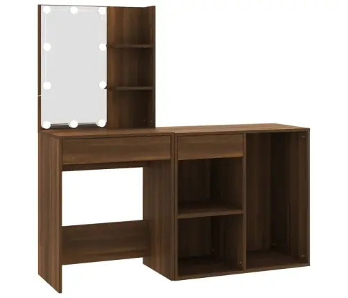 Kosmetinis Staliukas Su Led Ir Spintele, Rudas Ąžuolo, Mediena