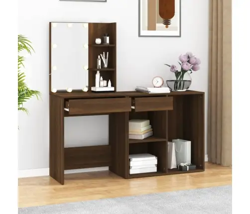 Kosmetinis Staliukas Su Led Ir Spintele, Rudas Ąžuolo, Mediena