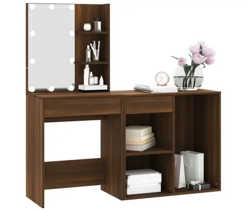 Kosmetinis Staliukas Su Led Ir Spintele, Rudas Ąžuolo, Mediena