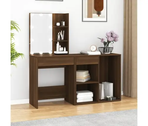 Kosmetinis Staliukas Su Led Ir Spintele, Rudas Ąžuolo, Mediena