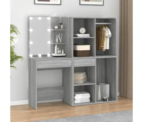 Spoguļgalds Ar Plauktiem, Led, Pelēka Ozola, Inženierijas Koks Vidaxl