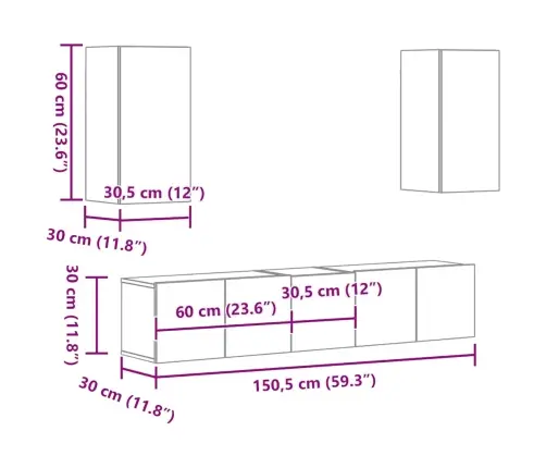 Tv Spintelių Komplektas, 5 Dalių, Dūminio Ąžuolo, Mediena