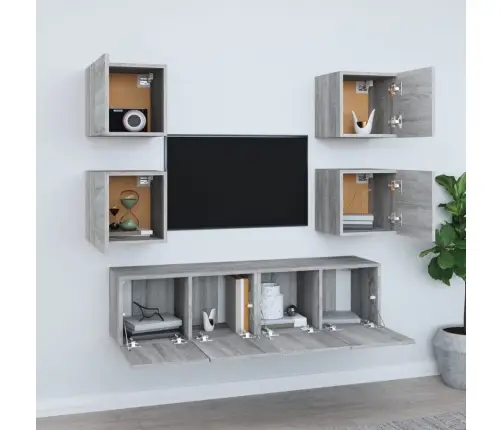 Tv Spintelių Komplektas, 6 Dalių, Pilkas Ąžuolo, Mediena