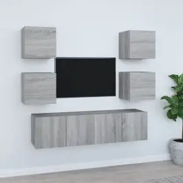 Tv Spintelių Komplektas, 6 Dalių, Pilkas Ąžuolo, Mediena
