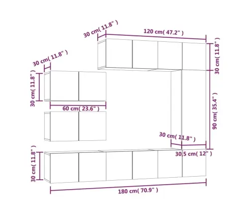8-Daļīgs Tv Skapīšu Komplekts, Pelēka Ozola, Inženierijas Koks Vidaxl