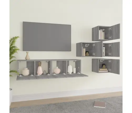 Tv Spintelių Komplektas, 6 Dalių, Pilkas Ąžuolo, Mediena Tv Spintelių Komplektas, 6 Dalių, Pilkas Ąžuolo, Mediena