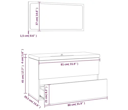 Vonios Baldų Komplektas, Pilkas Ąžuolo, Apdirbta Mediena