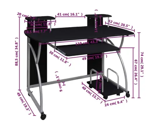 Datorgalds, Melns, 110X52X88,5 Cm, Inženierijas Koks Vidaxl