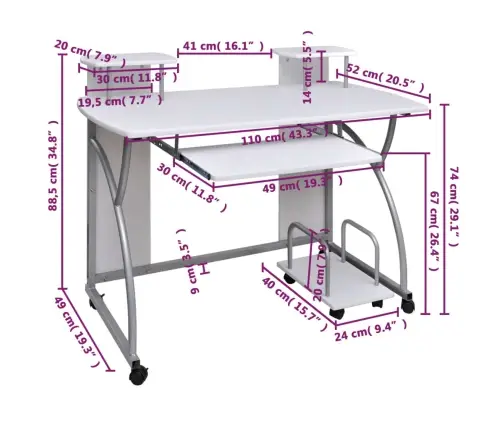 Datorgalds, Balts, 110X52X88,5 Cm, Inženierijas Koks Vidaxl