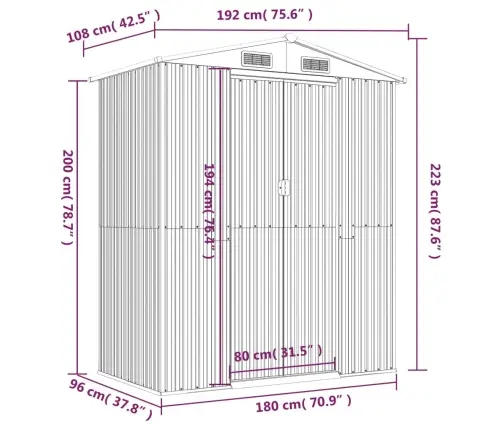 Dārza Šķūnis, Gaiši Pelēks, 192X108X223 Cm, Cinkots Tērauds Vidaxl