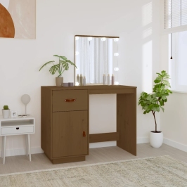 Spoguļgaldiņš Ar Led, Brūns, 95X50X133,5 Cm, Priedes Masīvkoks Vidaxl