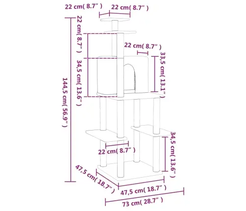 Kaķu Māja Ar Sizala Stabiem Nagu Asināšanai, 144,5 Cm, Pelēka Vidaxl