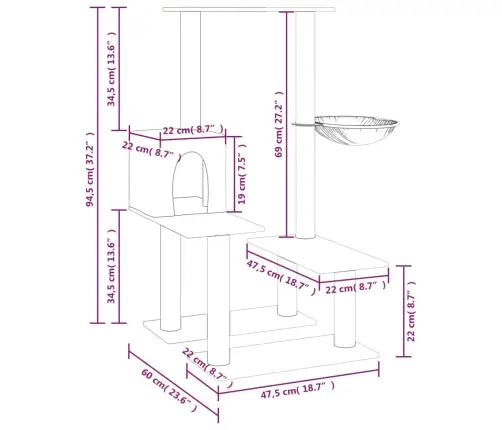 Kassimaja Sisalköitega Kraapimispuudega, Helehall, 94,5 Cm