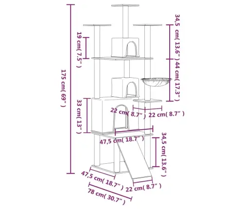 Kaķu Māja Ar Sizala Stabiem Nagu Asināšanai, 175 Cm, Pelēka Vidaxl