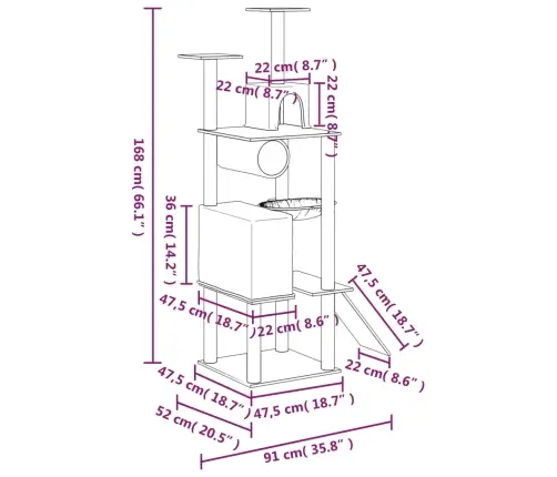 Kaķu Māja Ar Sizala Stabiem Nagu Asināšanai, 168 Cm, Pelēka Vidaxl