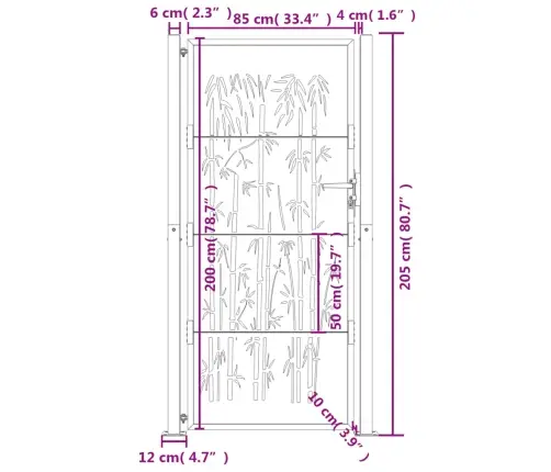 Dārza Vārti, Pelēki, 105X205 Cm, Tērauds, Bambusa Dizains Vidaxl