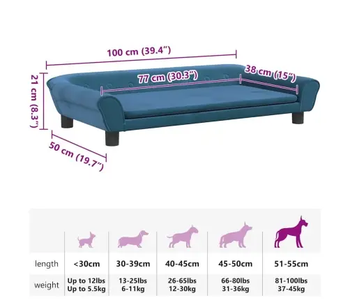 Lova Šunims, Mėlynos Spalvos, 100X50X21cm Aksomas