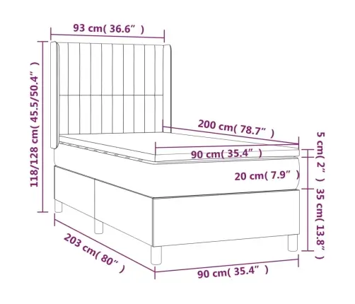 Atsperu Gultas Rāmis Ar Matraci, Zils, 90X200 Cm, Audums Vidaxl