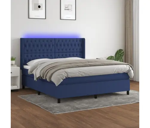 Atsperu Gulta Ar Matraci, Led, Zils Audums, 160X200 Cm Vidaxl