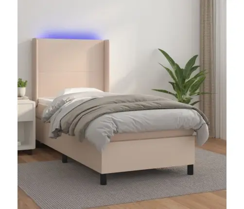 Atsperu Gulta Ar Matraci, Led, Kapučīno, 90X190Cm, Mākslīgā Āda Vidaxl