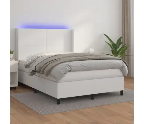 Atsperu Gulta Ar Matraci, Led, Balta, 140X200 Cm, Mākslīgā Āda Vidaxl