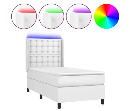 Atsperu Gulta Ar Matraci, Led, Balta, 90X190 Cm, Mākslīgā Āda Vidaxl