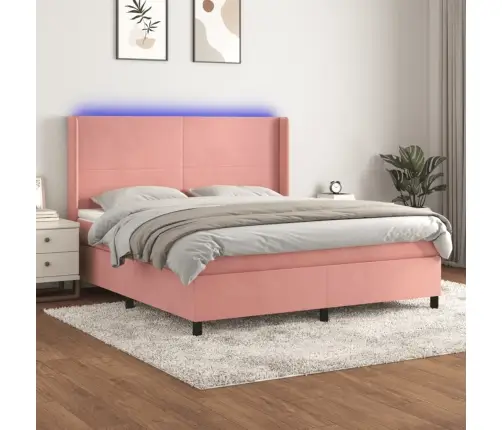 Atsperu Gulta Ar Matraci, Led, Rozā Samts, 160X200 Cm Vidaxl