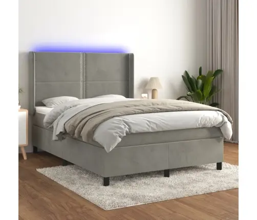 Atsperu Gulta Ar Matraci, Led, Gaiši Pelēks Samts, 140X190 Cm Vidaxl