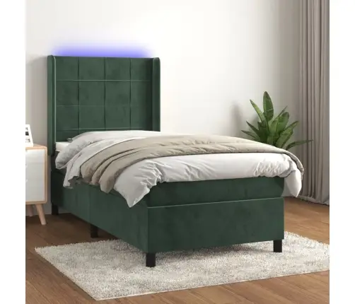 Atsperu Gulta Ar Matraci, Led, Tumši Zaļš Samts, 90X200 Cm Vidaxl