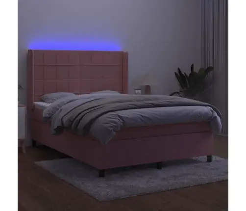 Atsperu Gulta Ar Matraci, Led, Rozā Samts, 140X200 Cm Vidaxl