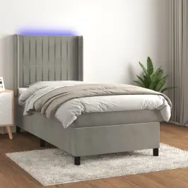Atsperu Gulta Ar Matraci, Led, Gaiši Pelēks Samts, 90X190 Cm Vidaxl