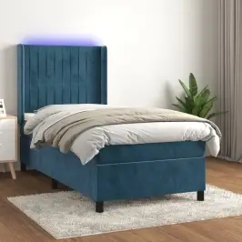 Atsperu Gulta Ar Matraci, Led, Tumši Zils Samts, 90X200 Cm Vidaxl