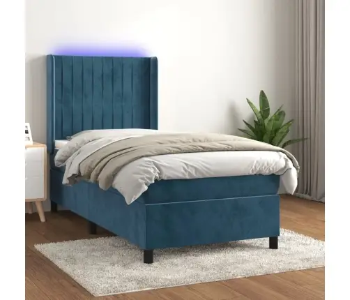 Atsperu Gulta Ar Matraci, Led, Tumši Zils Samts, 90X200 Cm Vidaxl