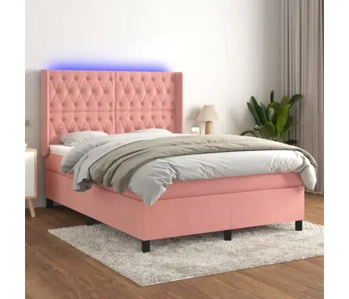 Atsperu Gulta Ar Matraci, Led, Rozā Samts, 140X190 Cm Vidaxl