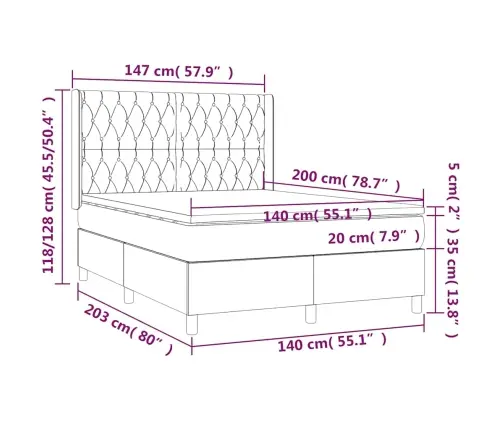 Atsperu Gulta Ar Matraci, Led, Tumši Zils Samts, 140X200 Cm Vidaxl