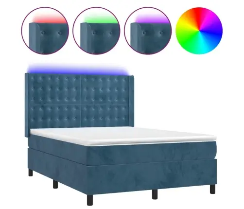 Atsperu Gulta Ar Matraci, Led, Tumši Zils Samts, 140X190 Cm Vidaxl