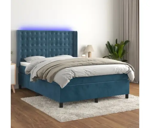 Atsperu Gulta Ar Matraci, Led, Tumši Zils Samts, 140X200 Cm Vidaxl