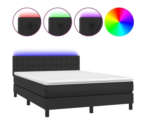 Atsperu Gulta Ar Matraci, Led, Melna, 140X200 Cm, Mākslīgā Āda Vidaxl